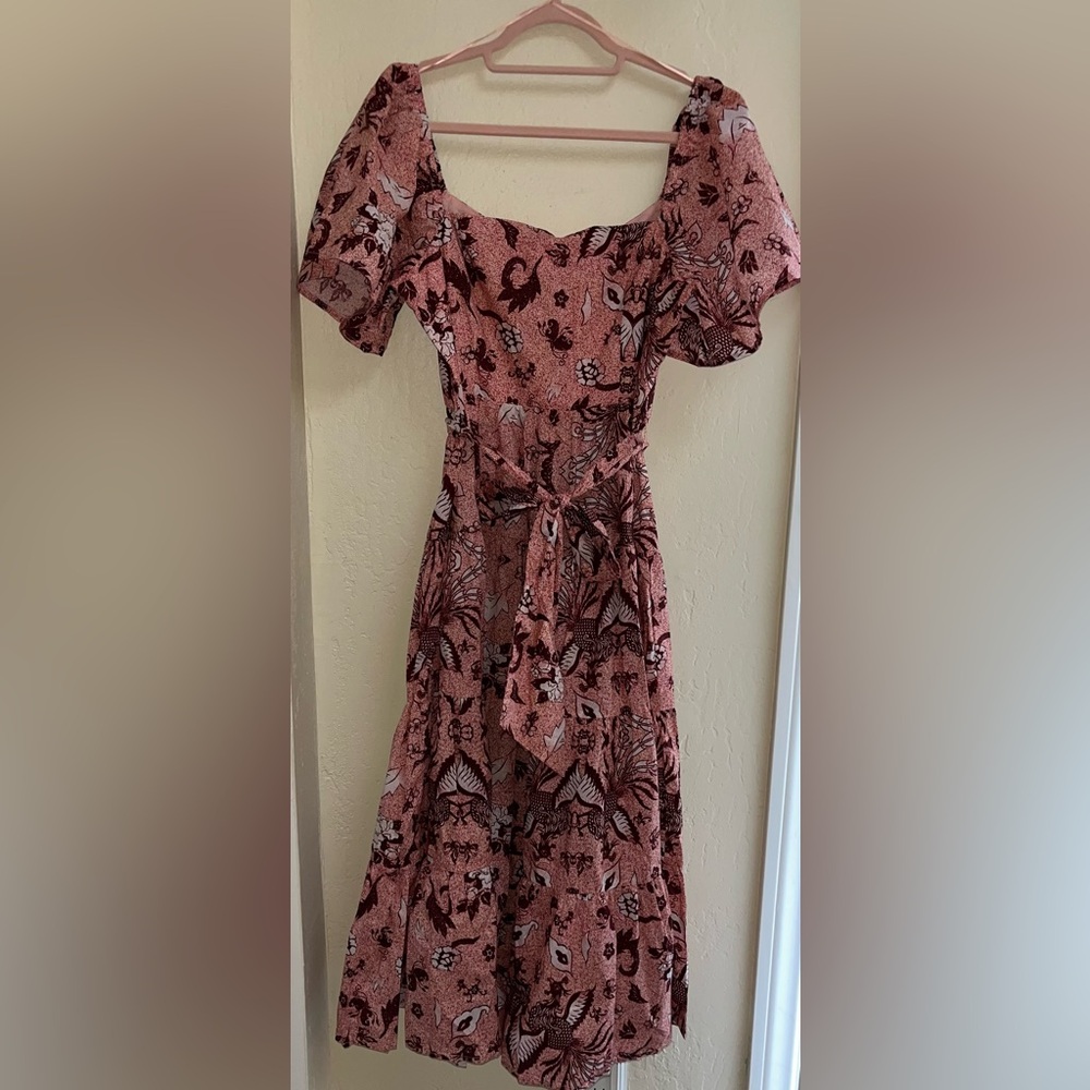 Ina Pink and Red Wrap Midi Dress with Puff Sleeves